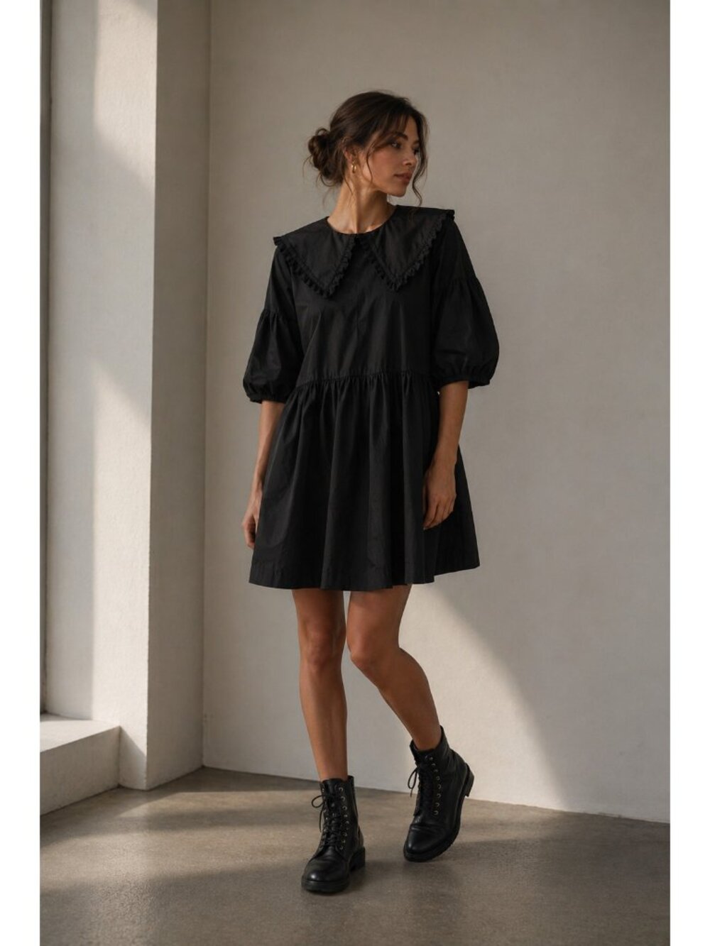 Collusion Black Cotton Babydoll Mini Dress Peter Pan Collar Puff Sleeve US10